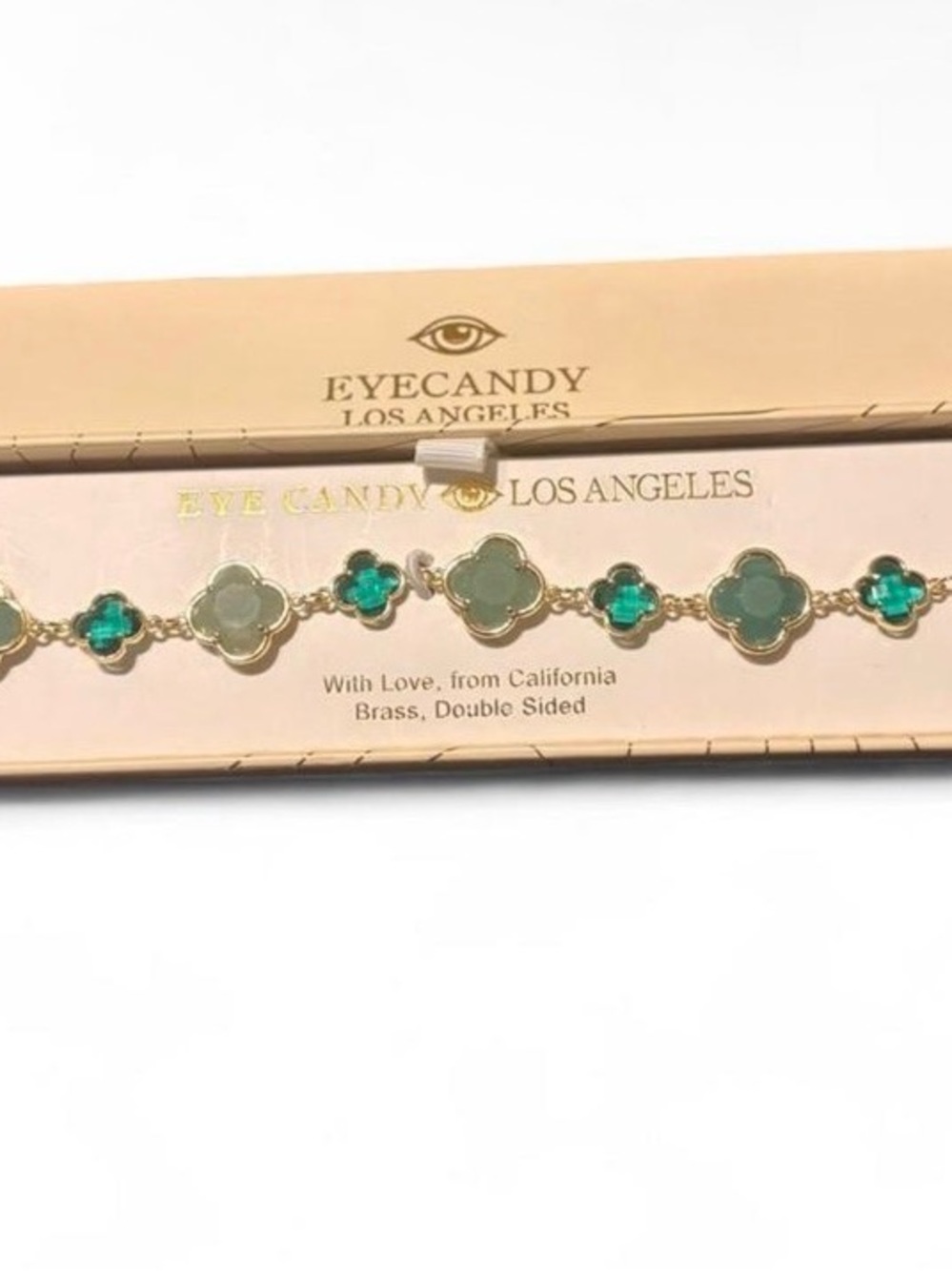 Eye Candy Gold Brass Bracelet with Mint & Emerald Clover Stones